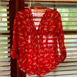 Maeve anthro brand red-orange kitty cat button-up